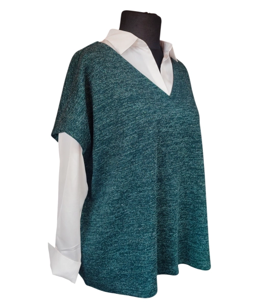 Kamizelka swetrowa damska ze srebrną niteczką - butelkowa zieleń